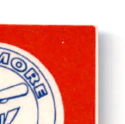 Red rectangular Baltimore Orioles team sticker with partial white and blue logo