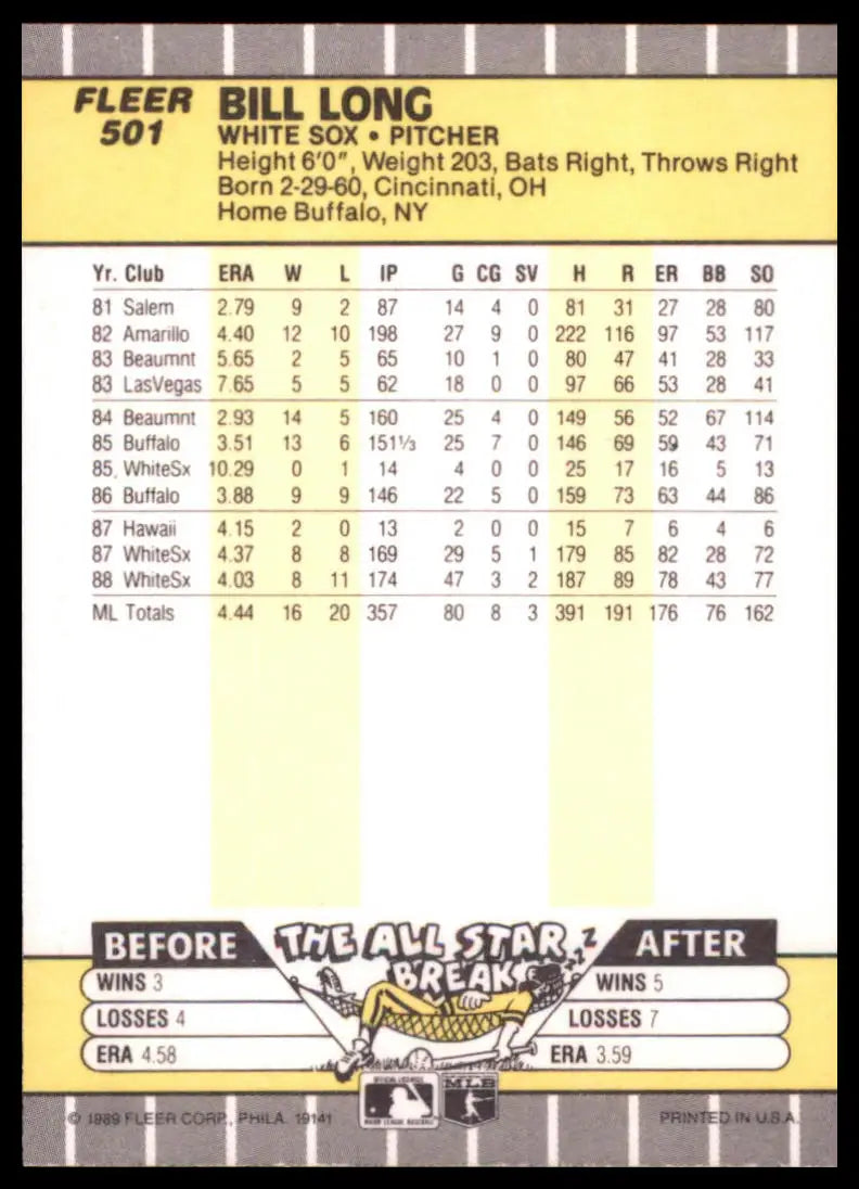 1989 Fleer Bill Long 501 Chicago White Sox NM - Baseball Card Single