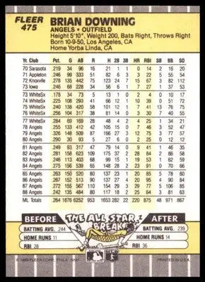 1989 Fleer Brian Downing 475 California Angels NM - Baseball Card Single