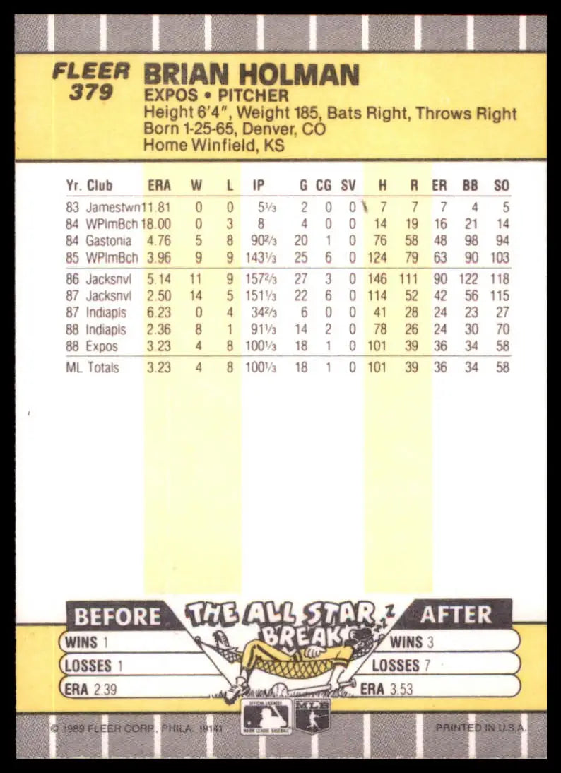 1989 Fleer Brian Holman RC 379 Montreal Expos NM - Baseball Card Single