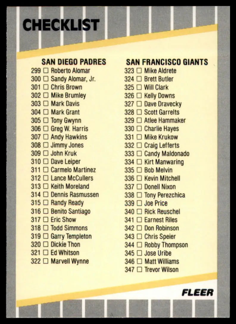 1989 Fleer Checklist: Padres / Giants / Astros / Expos 657 San Diego Padres / Sa - Baseball Card Single