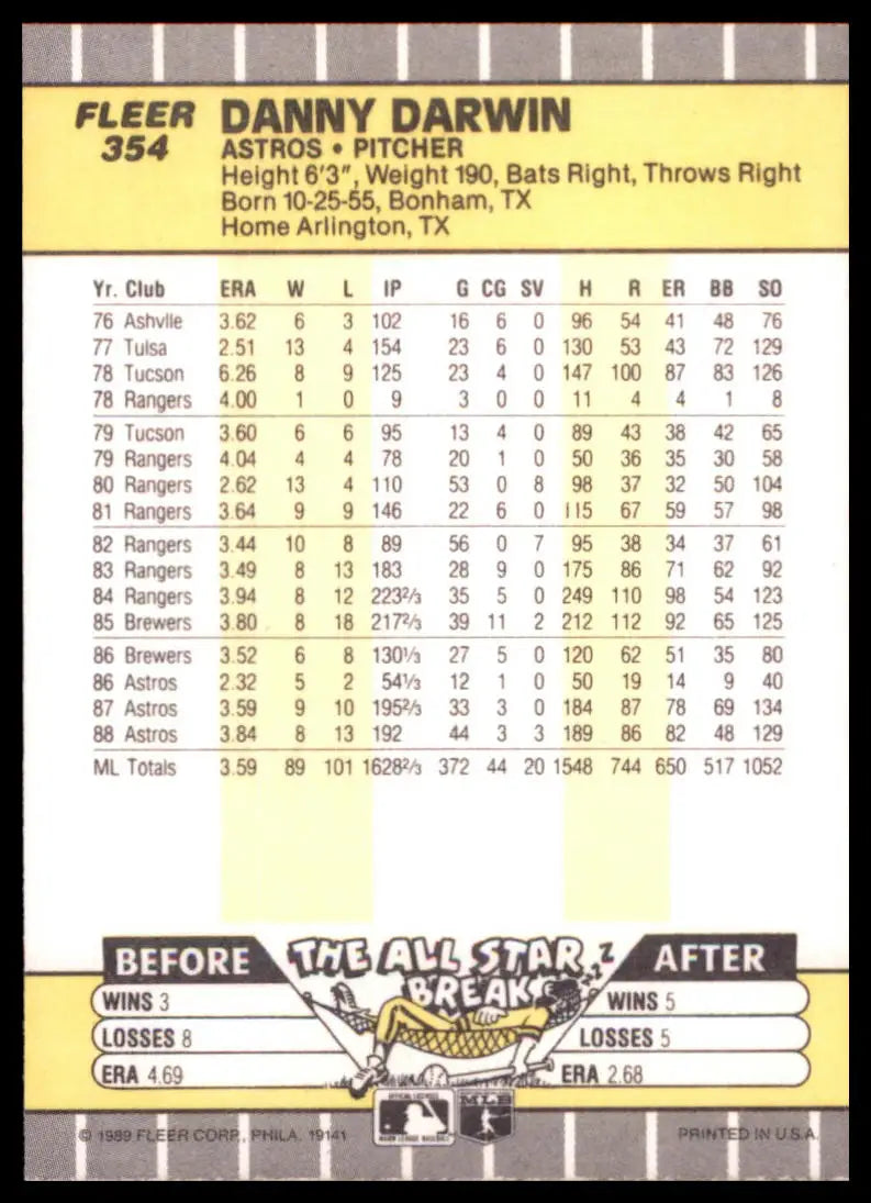 1989 Fleer Danny Darwin 354 Houston Astros NM - Baseball Card Single