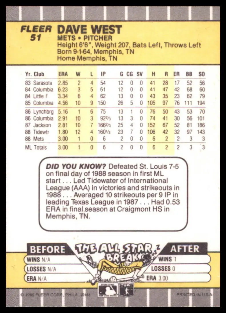 1989 Fleer Dave West RC 51 New York Mets NM - Baseball Card Single