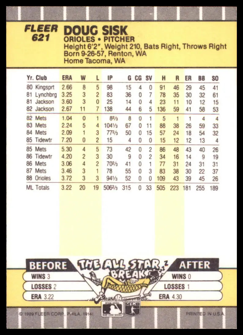1989 Fleer Doug Sisk 621 Baltimore Orioles NM - Baseball Card Single
