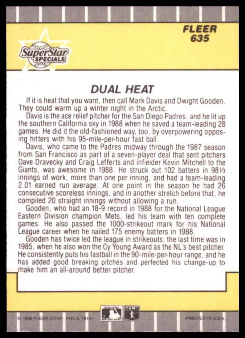 1989 Fleer Dual Heat (Mark Davis / Dwight Gooden) 635 Padres / Mets NM - Baseball Card Single