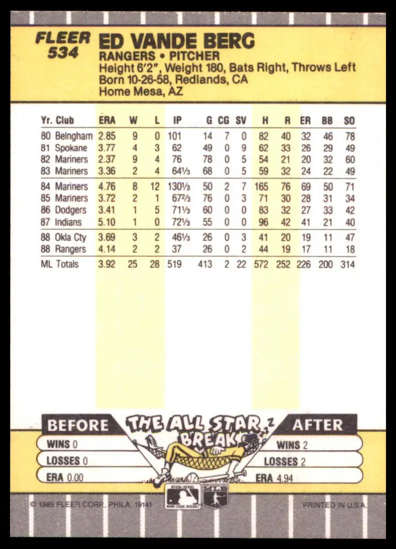 1989 Fleer Ed Vande Berg 534 Texas Rangers NM - Baseball Card Single