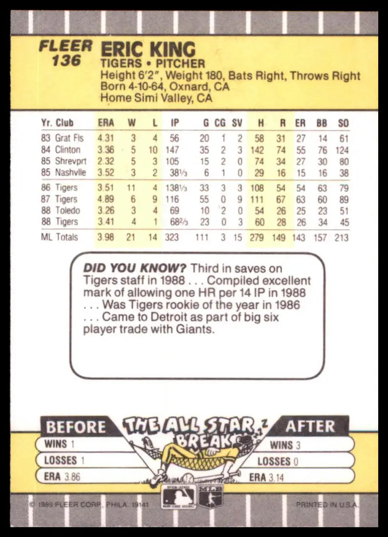 1989 Fleer Eric King 136 Detroit Tigers NM - Baseball Card Single