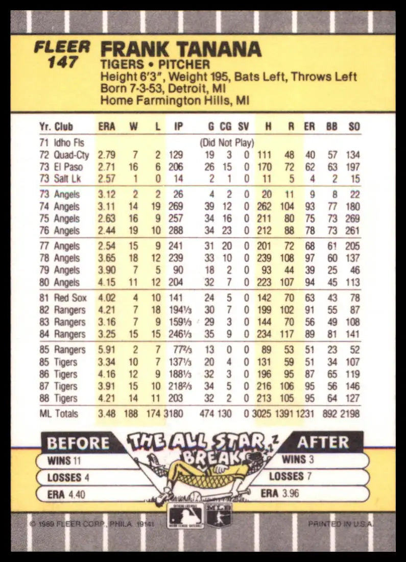 1989 Fleer Frank Tanana 147 Detroit Tigers NM - Baseball Card Single