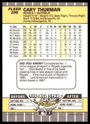 1989 Fleer Gary Thurman 296 Kansas City Royals NM - Baseball Card Single