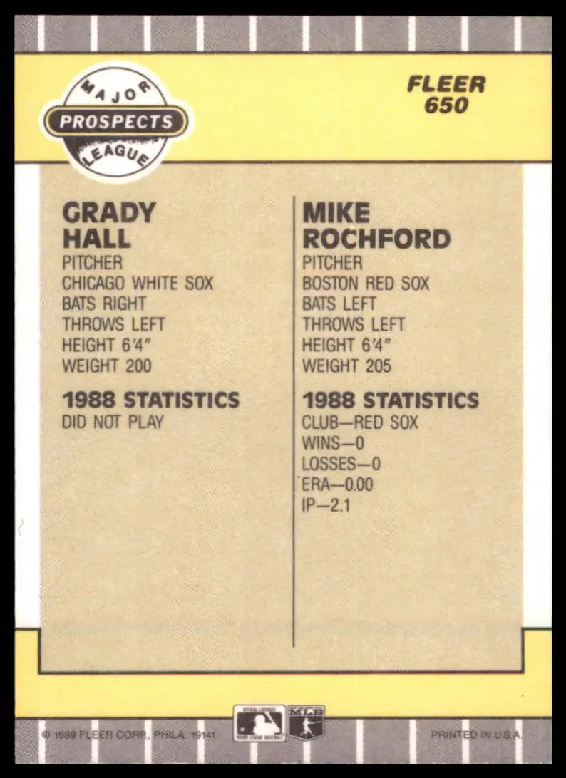1989 Fleer Grady Hall / Mike Rochford RC 650 White Sox / Red Sox NM - Baseball Card Single