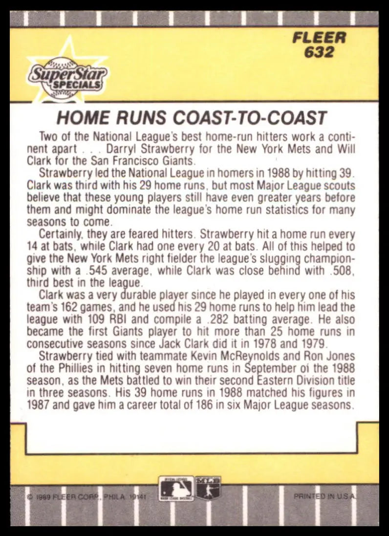 1989 Fleer Homeruns Coast to Coast (Darryl Strawberry / Will Clark) 632 NM - Baseball Card Single