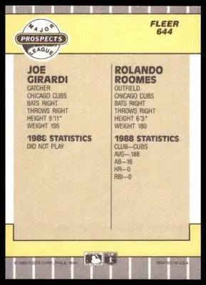 1989 Fleer Joe Girardi / Rolando Roomes RC 644 Chicago Cubs NM - Baseball Card Single