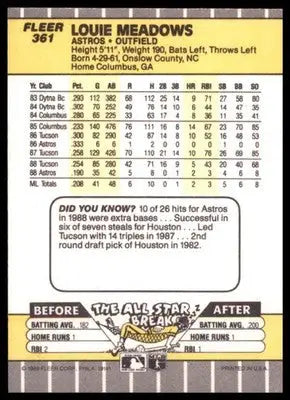 1989 Fleer Louie Meadows RC 361 Houston Astros NM - Baseball Card Single