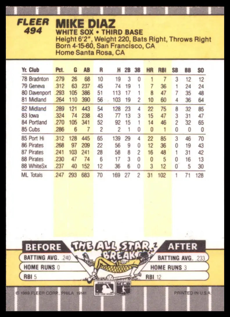 1989 Fleer Mike Diaz 494 Chicago White Sox NM - Baseball Card Single