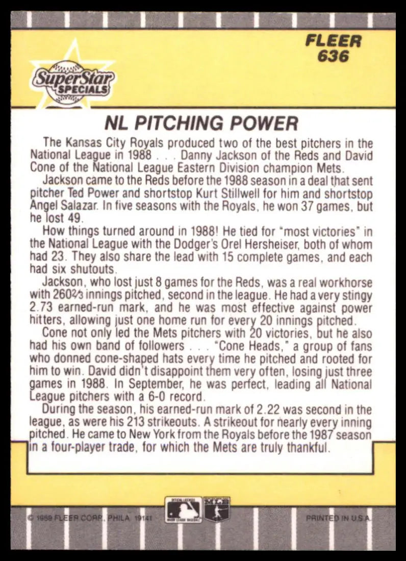 1989 Fleer N.L. Pitching Power (Danny Jackson / David Cone) 636 Reds / Mets NM - Baseball Card Single