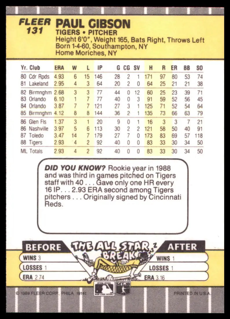 1989 Fleer Paul Gibson RC 131 Detroit Tigers NM - Baseball Card Single