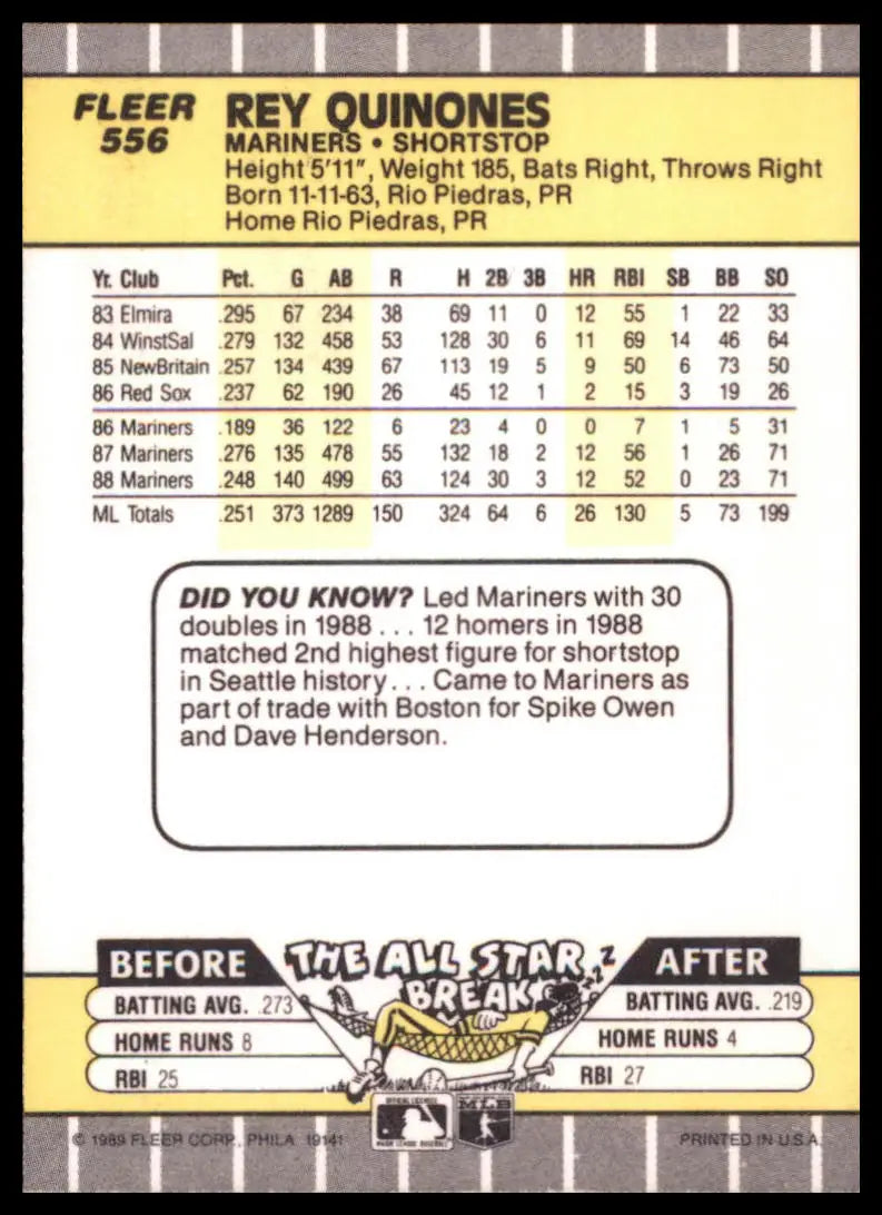 1989 Fleer Rey Quinones 556 Seattle Mariners NM - Baseball Card Single