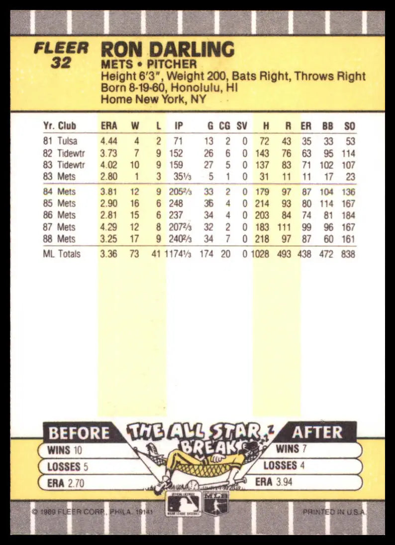 1989 Fleer Ron Darling 32 New York Mets NM - Baseball Card Single