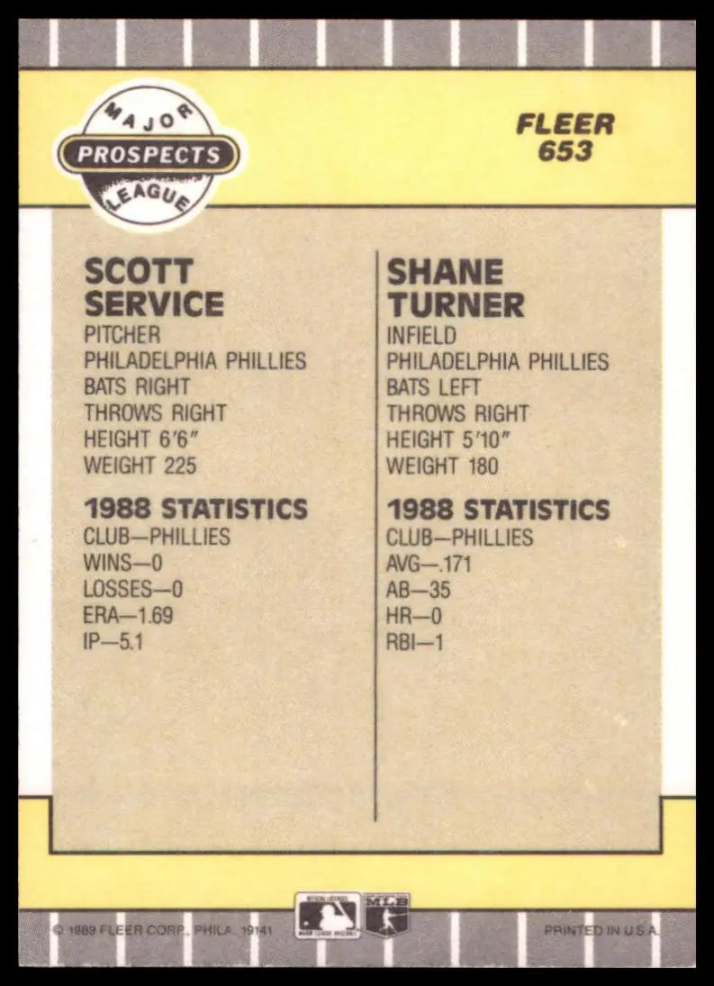 1989 Fleer Scott Service / Shane Turner RC 653 Philadelphia Phillies NM - Baseball Card Single
