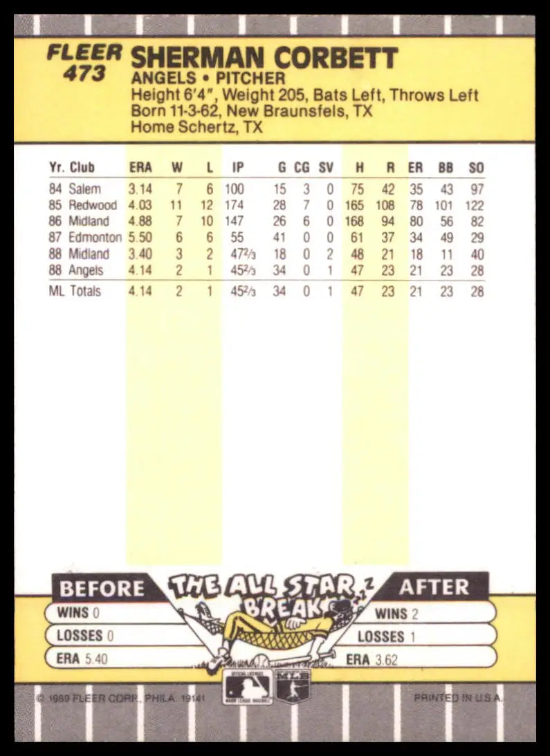 1989 Fleer Sherman Corbett RC 473 California Angels NM - Baseball Card Single