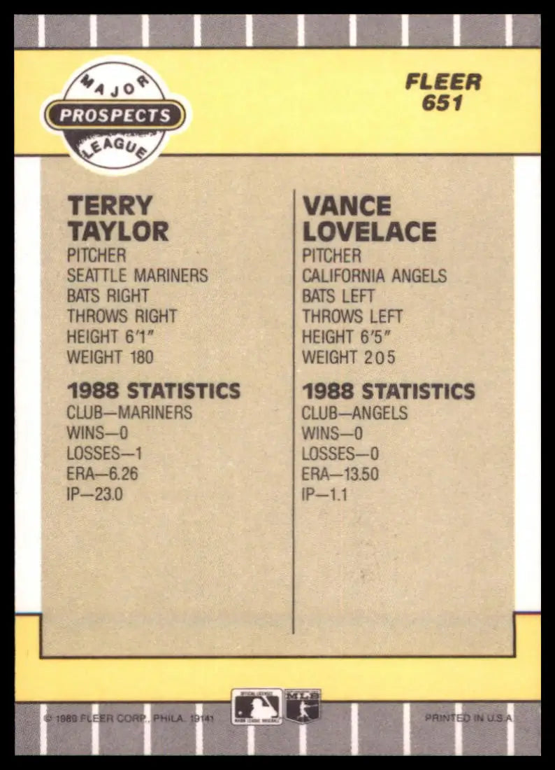 1989 Fleer Terry Taylor / Vance Lovelace RC 651 Mariners / Angels NM - Baseball Card Single
