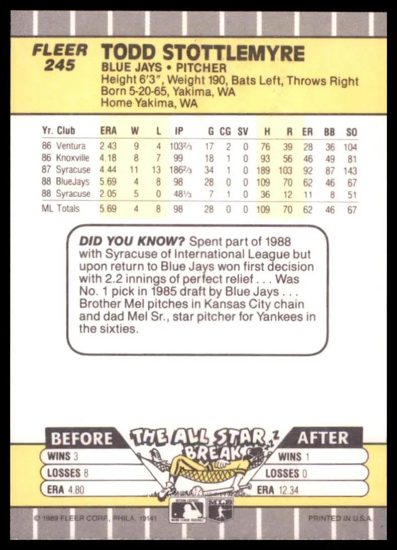 1989 Fleer Todd Stottlemyre 245 Toronto Blue Jays NM - Baseball Card Single