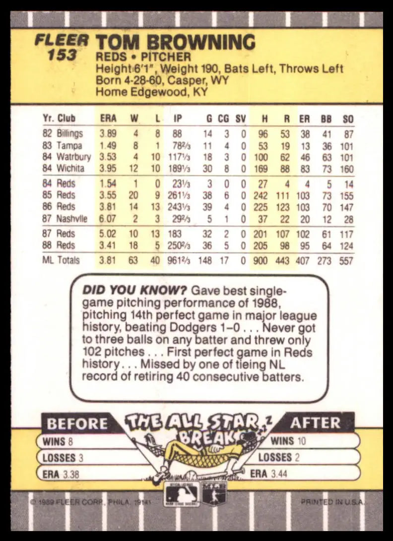 1989 Fleer Tom Browning 153 Cincinnati Reds NM - Baseball Card Single