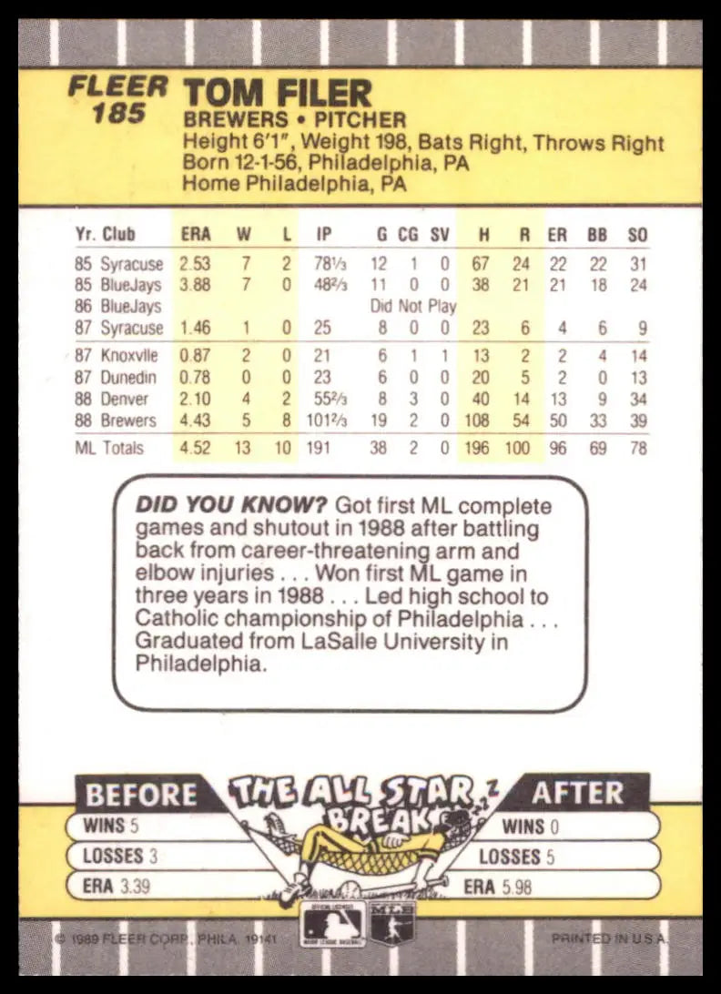 1989 Fleer Tom Filer 185 Milwaukee Brewers NM - Baseball Card Single
