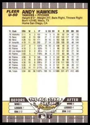 1989 Fleer Update Andy Hawkins U-50 New York Yankees NM - Baseball Card Single