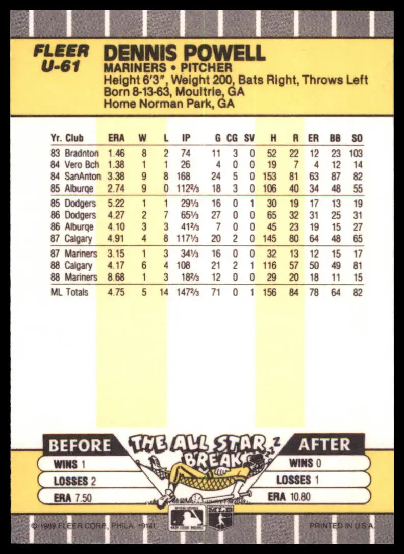 1989 Fleer Update Dennis Powell U-61 Seattle Mariners NM - Baseball Card Single