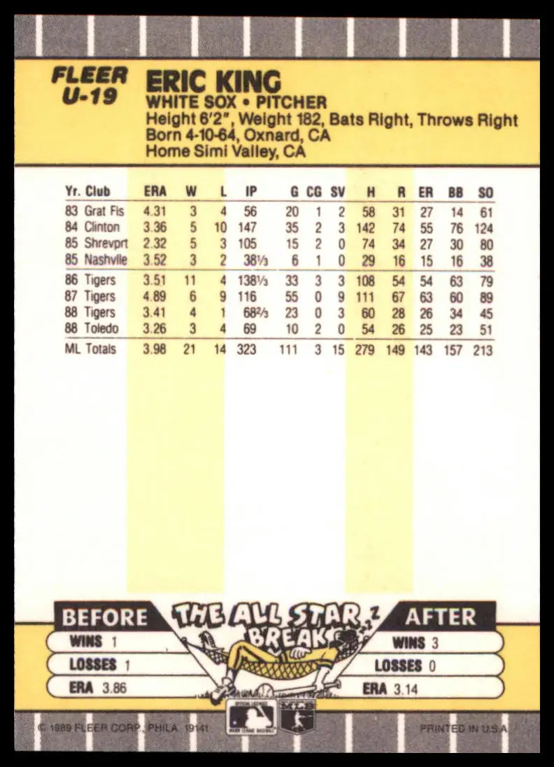1989 Fleer Update Eric King U-19 Chicago White Sox NM - Baseball Card Single