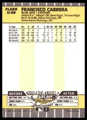 1989 Fleer Update Francisco Cabrera U-68 Toronto Blue Jays NM - Baseball Card Single