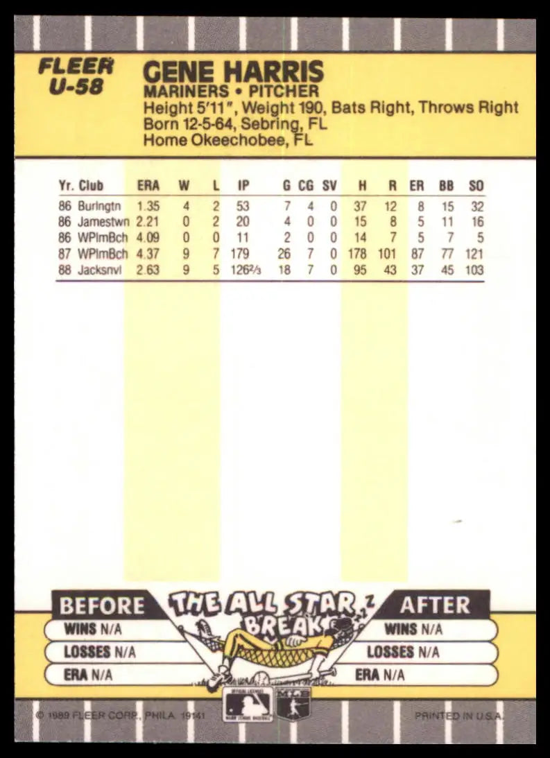 1989 Fleer Update Gene Harris U-58 Seattle Mariners NM - Baseball Card Single