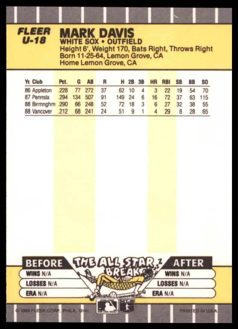 1989 Fleer Update Mark Davis U-18 Chicago White Sox NM - Baseball Card Single
