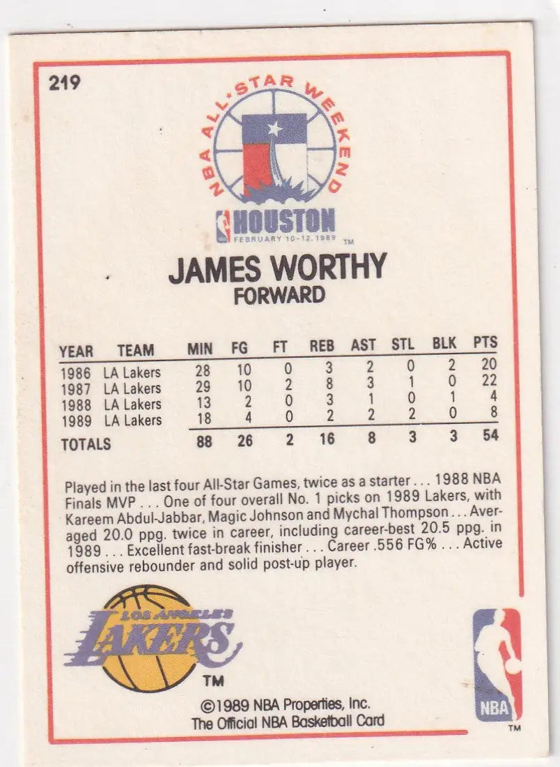 1989 HOOPS #219 JAMES WORHTY ALL STAR- LOS ANGELES LAKERS - Basketball Card Single