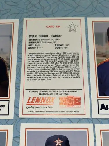 1989 Houston Astros Craig Biggio RC card from Team Issue26 card set displayed