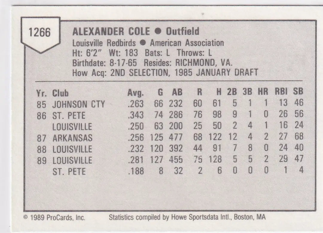 1989 PRO CARDS #1266 ALEX COLE BLUE- LOUISVILLE REDBIRDS
