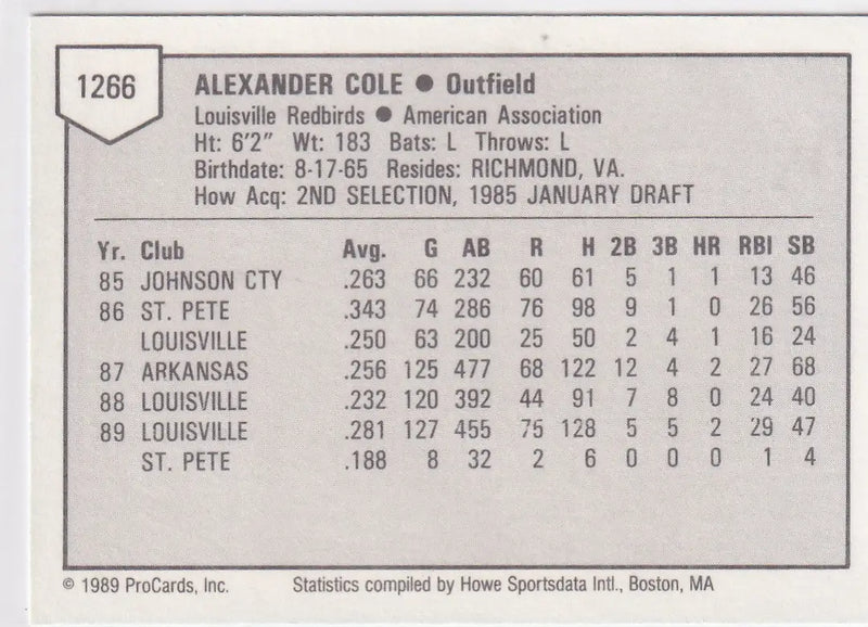 1989 PRO CARDS #1266 ALEX COLE BLUE- LOUISVILLE REDBIRDS