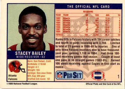 Original gloss Stacey Bailey football card from 1989 Pro Set #1 ID 45545