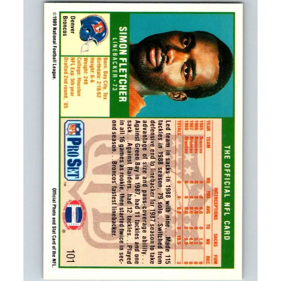 1989 Pro Set #101 Simon Fletcher NM-MT RC Rookie Denver Broncos Football Card - Football Card Single