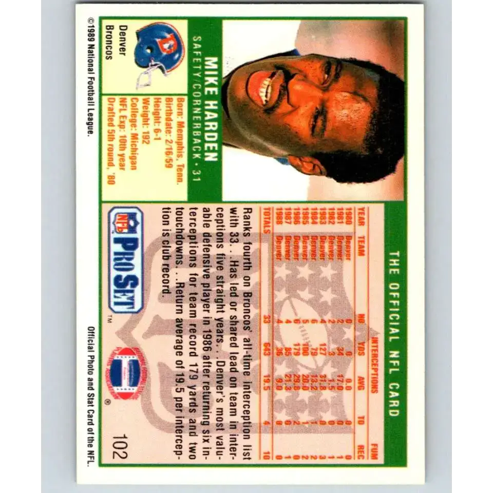 1989 Pro Set #102 Mike Harden NM-MT Denver Broncos Football Card