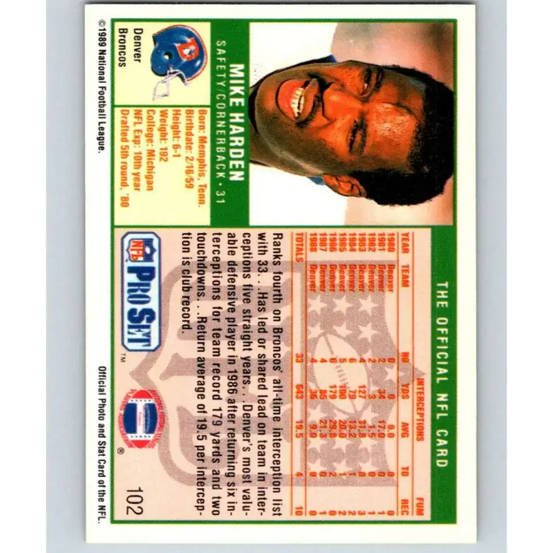 1989 Pro Set #102 Mike Harden NM-MT Denver Broncos Football Card - Football Card Single