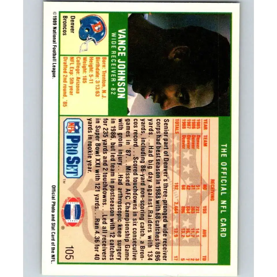 1989 Pro Set #105 Vance Johnson NM-MT Denver Broncos Football Card - Football Card Single