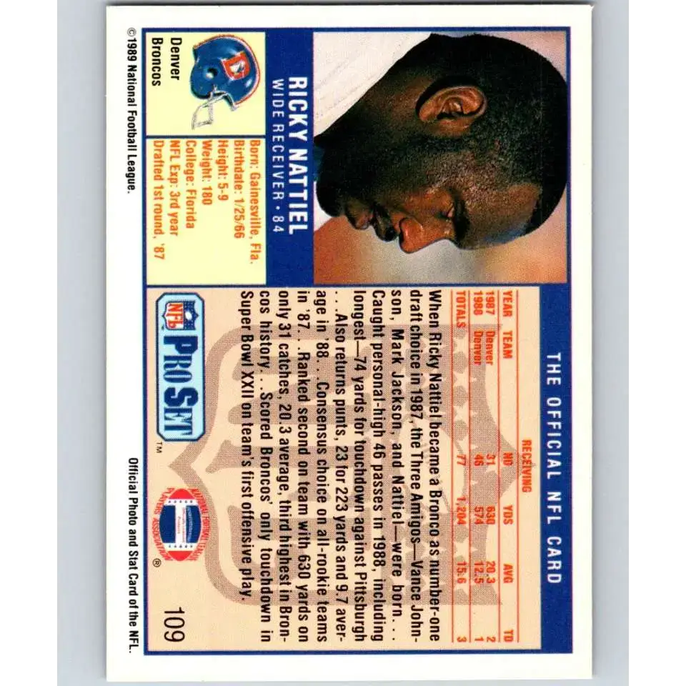 1989 Pro Set #109 Ricky Nattiel NM-MT Denver Broncos Football Card - Football Card Single