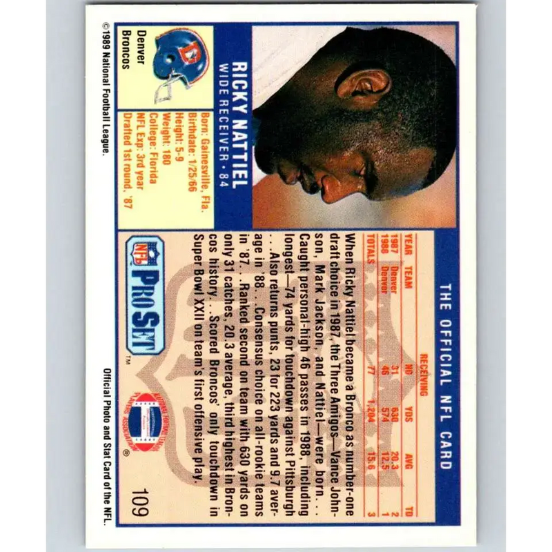 1989 Pro Set #109 Ricky Nattiel NM-MT Denver Broncos Football Card - Football Card Single