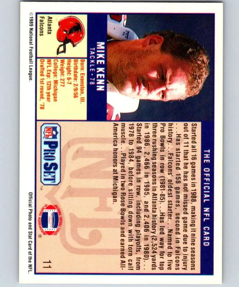 1989 Pro Set #11 Mike Kenn EX Excellent Atlanta Falcons Football Card - Football Card Single