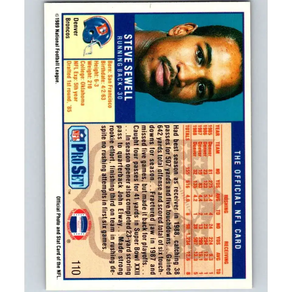 1989 Pro Set #110 Steve Sewell NM-MT RC Rookie Denver Broncos Football Card