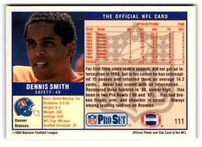 Vintage Dennis Smith trading card from 1989 Pro Set series featuring athlete memorabilia