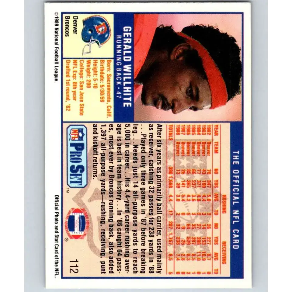 1989 Pro Set #112 Gerald Willhite NM-MT Denver Broncos Football Card