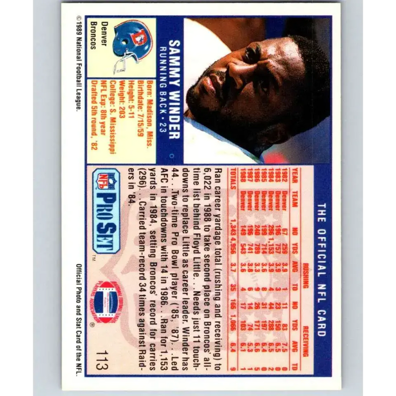 1989 Pro Set #113 Sammy Winder NM-MT Denver Broncos Football Card - Football Card Single